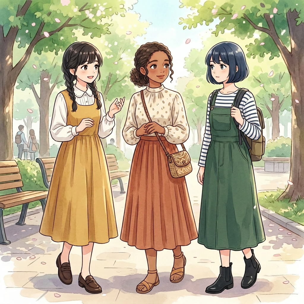 Three young women walking and chatting in a tree-lined park with falling cherry blossoms